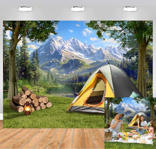 7X5FT Camping Forest Backdrop Natural Scenery Camping Photography Background Grassland Camp Decoration Banner for Outdoor Adventure Party Camper Themed Birthday Shoot Props