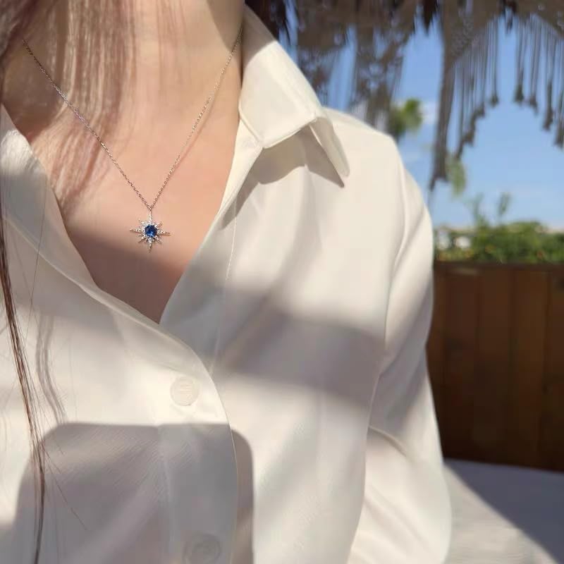 Shining CZ Starburst Charm Blue Planet Necklace for Women Dainty Stainless Steel Cubic Zirconia Celestial Star Pendant Adjustable Clavicle Chain Choker Fine Jewelry Gifts for Wife Mom - Image 3