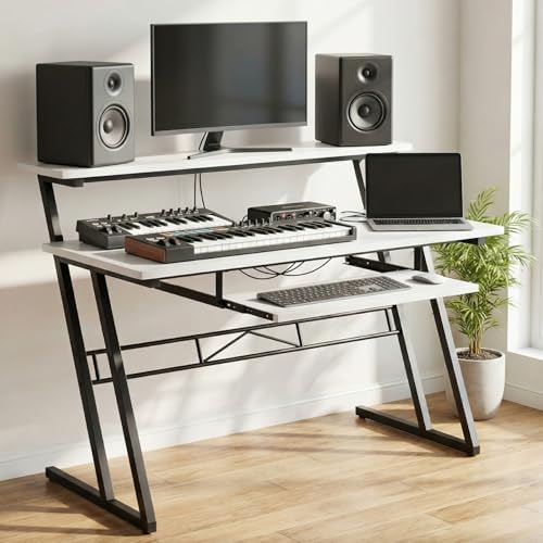 Image of FFO Music Studio Desk with Keyboard Tray | Multipurpose Work Desk for Home Office | Computer Table for Home, Office & Music Production | Laptop PC Workstation | White | 120L x 60W x 100H CM | DIY