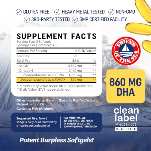 Image of Triple Strength DHA Omega-3 Fish Oil 3600 mg | Over 2100mg Omega-3 Fatty Acids with 860 mg of DHA | 1300mg EPA | Best Essential Fatty Acids | Premium Wild Caught & Burpless Fish Oil | 120 Softgels