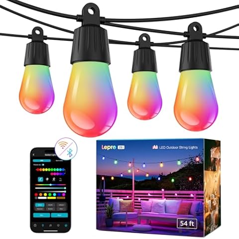 Lepro ZB1 AI Smart Outdoor String Lights APP Control, 54(42+12) ft RGB+IC+Warm White Outdoor Lights 15 LED Bulbs, Alexa Google Enabled, AI Generated Lighting LLM, NO Remote, 2.4 GHz WiFi+Bluetooth Cover