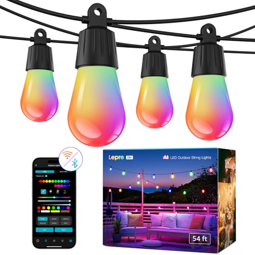 Lepro ZB1 AI Smart Outdoor String Lights APP Control, 54(42+12) ft RGB+IC+Warm White Outdoor Lights 15 LED Bulbs, Alexa Google Home Enable, AI Generated Lighting LLM, NO Remote 2.4 GHz WiFi+