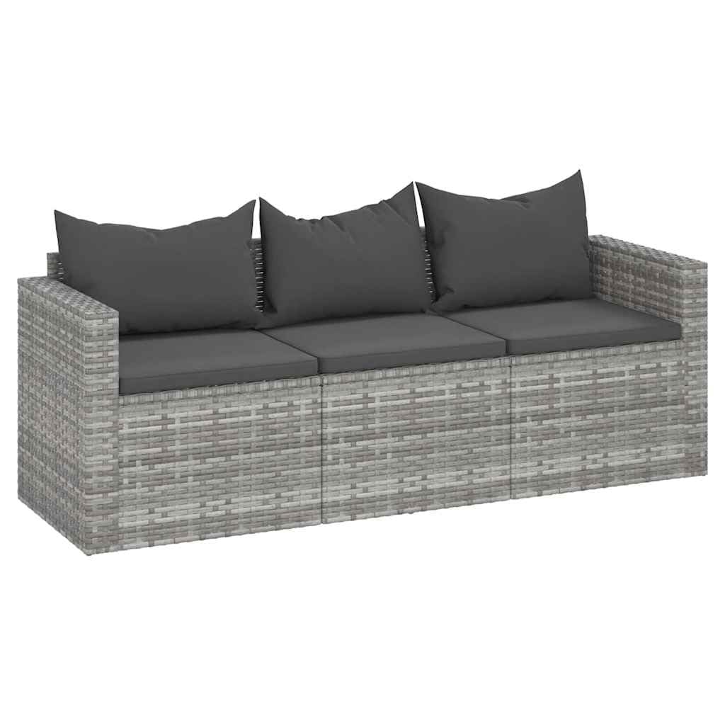 vidaXL Tuinbank 3-zits met kussens poly rattan grijs
