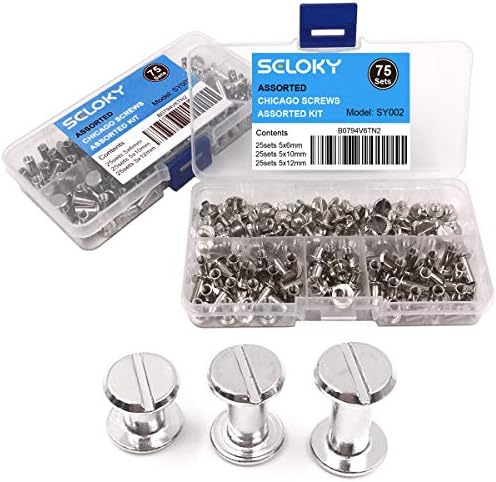 Seloky 75 Sets Silvery Chicago Screws Assorted Kit 1/4 3/8 1/2 Inches Screw Posts Metal Accessories Nail Rivet Chicago Button for DIY Leather Decoration Bookbinding Round Flat Head Stud Screw