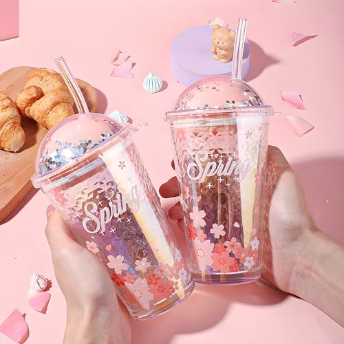 Image of Drinking Glasses Tumbler with Plastic Gliter Lid and Straw - 450ml, Set of 1, Travel Sipper Bottle for Juice Cocktail Iced Tea Coffee Smoothie Hot Cold Drink Cup Home & Travel