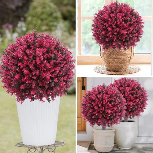 Artificial Red Eucalyptus Topiary Ball Tree 24\" with Ground Spike, Set of 2 Artificial Boxwood Bushes for Faux Shrubs, Fake Evergreen Faux Plant for Indoor Outdoor Garden -UV Resistant–Fade-Proof - Thumbnail 6