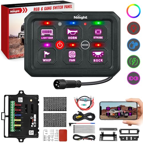 Image of Nilight 6 Gang Switch Panel APP RGB 12V 24V Circuit Control System 4-Mode | w /Power Source Switch APP Control Automatic Dimmable Toggle /Momentary /Strobe /Flash for Car Pickup Truck Camper SUV