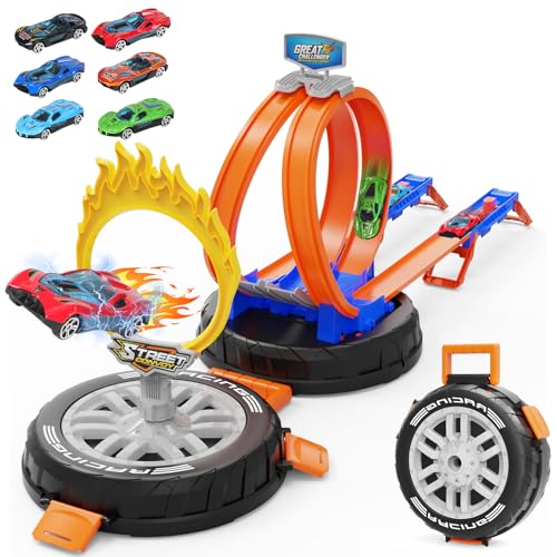 Image of Toy Car Race Track Set for Kids Ages 4-8, Stunt Tire-Shaped Case Transforms into Race Course, 6 Cars in 1:64 Scale, 2 Ways to Play, Action Loop Cyclone Challenge & Speed Snap Track