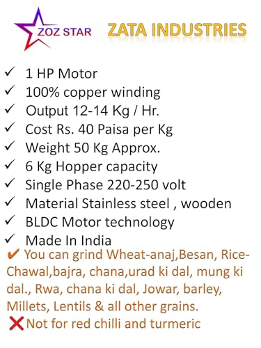 Image of ZOZ STAR Flour Mill Machine, Atta chakki, Domestic Aata Maker, Ghar Ghanti, Heavy Duty, (Standard Motor Size) Power Saving Feature Added 1 HP Warranty 10 Years R637