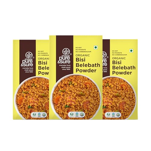 Image of Pure & Sure Organic Bisi Belebath Powder 300G | 100% Authentic South Indian Aromatic Rasam Flavor | Ready to Use, Instant Mix | Chemical Free & Pesticides Free (100g x Pack of 3)