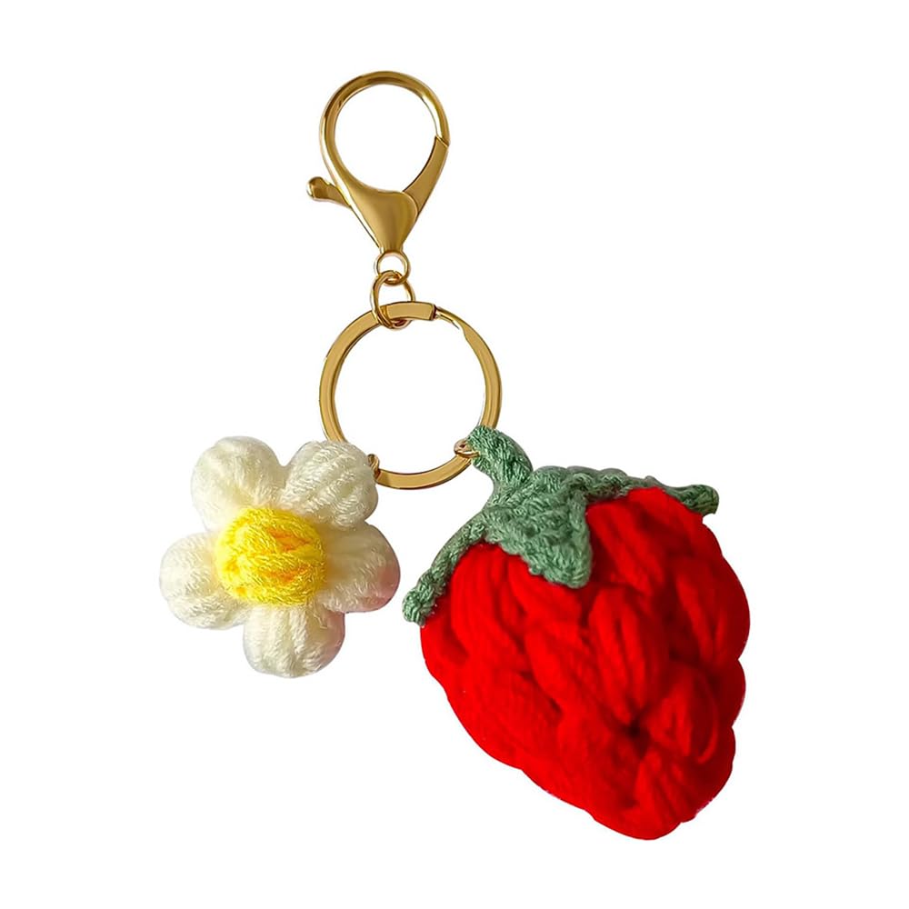 Rohxyzo Handmade Crochet Strawberry Keychain, Kawaii Cute Knitted Bag Charm with Flower, Adorable Gift for Women & Girls (Red)