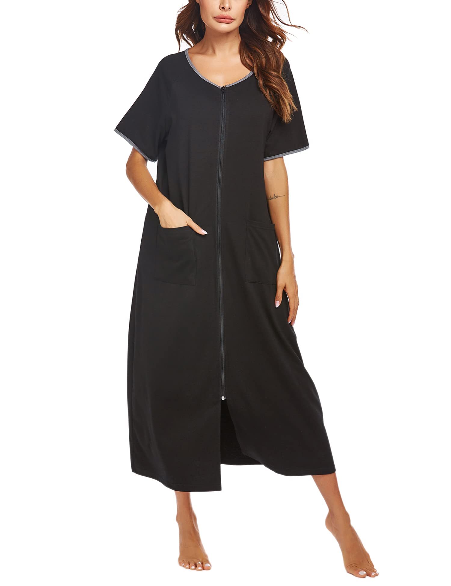 EkouaerWomen Robes Zipper Front Short Sleeve Full Length Housecoat with Pockets Loungewear S-4XL