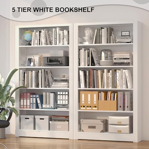 Image of VASAAOSD White Bookshelf, 5 Tier Tall Bookshelf, Metal Bookshelves and Bookcases with Adjustable Shelves, Large Bookshelf Open Display Shelves with for Study, Office, Corner (69 inch H)