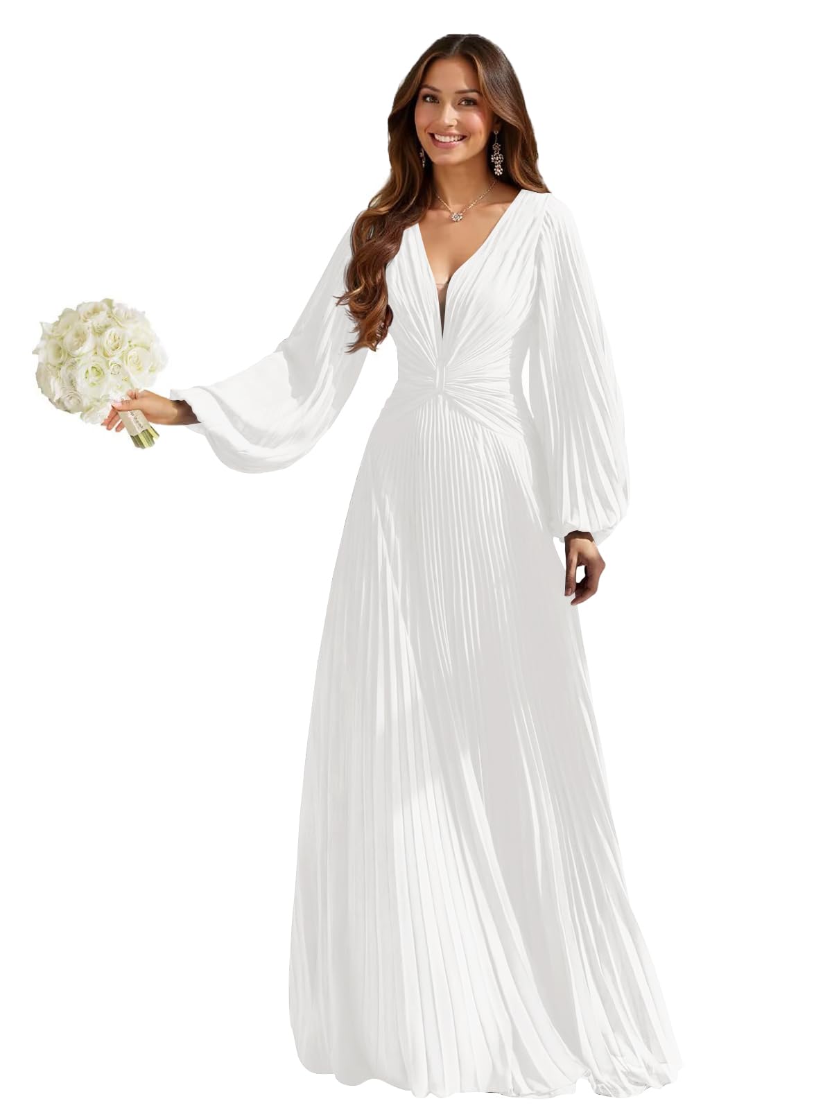 Elegant Long Sleeves Bridesmaid Dresses for Women Pleated Chiffon Formal Evening Maxi Dress 2026