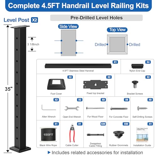Image of 4ft-8ft Complete Set 36 inch Cable Railing Post with Handrail Cuttable, 2 Pack Surface Mount Flact Top Level-Drilled Posts, 150ft 1 /8 inch Wire Rope, Swageless Black Cable Railing System Kit, MY20-LP