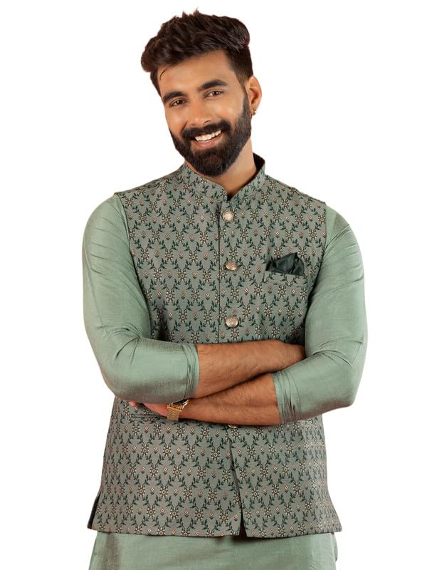 kisah Men's Silk Blend Geometric Woven Nehru Jacket | Ethnic Waistcoat Perfect for Festive and Wedding-picture-10