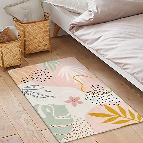 Lahome Pink Washable Entryway Rugs Indoor - 2x3 Small Non-Slip Kitchen Rug Soft Throw Rugs for Bedroom Girls Boho Botanical Print Floor Doormat Carpet for Bathroom Laundry Room Living Room Kids Room