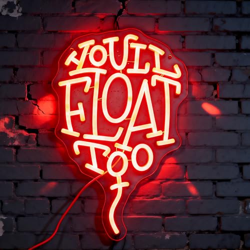 Image of You'll Float Too Neon Sign, Dimmable LED Wall Light, USB Powered Horror Movie Decor for Gothic Room, Creepy Clown Fans, Spooky Halloween Wall Art & Scary Gift