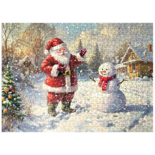 MyPuzzle Santa Claus and Snowman in Winter Scene - Premium 500 Piece Jigsaw Puzzle for Adults