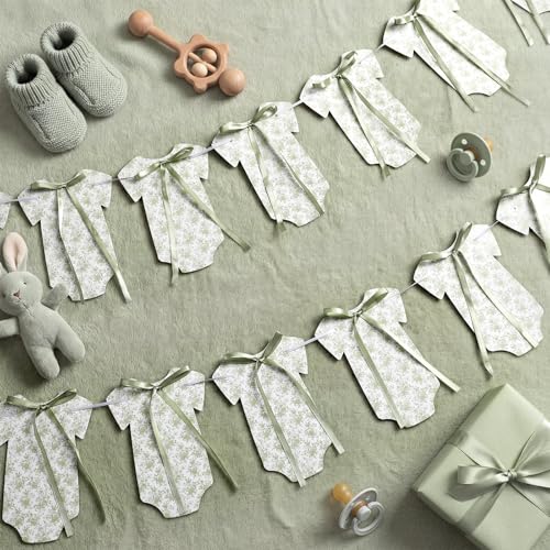 Image of Weysat 2 Pcs Baby Clothes Banner Baby Boys Girls Shower Decorations Sage Green Floral Bodysuit Clothesline Banner Gender Reveal Birthday Neutral Party Outfit Paper Decor Supplies