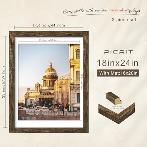 Picrit 18x24 Picture Frame 3 Pack, Brown Poster Frame, Display Poster 16 x 20 with Mat or 18 x 24 without Mat for Horizontal or Vertical Wall Mounting