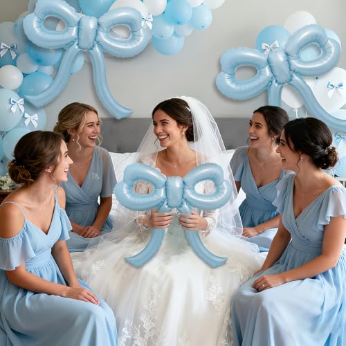 Image of 4 Pcs Baby Blue Bow Balloons Bow Birthday Party Decorations for Girl Women Bow Decor Blue Birthday Decorations Giant Dusty Blue Balloons for Baby Shower Bridal Bachelorette Party Supplies