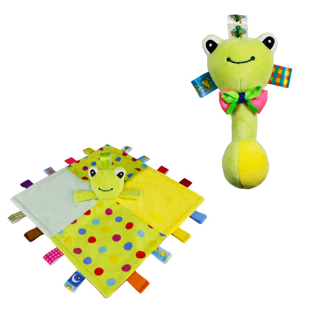 2 Pack, Baby Soft Rattle Shaker with A Comforting Blanket Colorful Animal Hand Stick Grab Grasp Soft Plush Baby Grasp Soothing Kids Gift