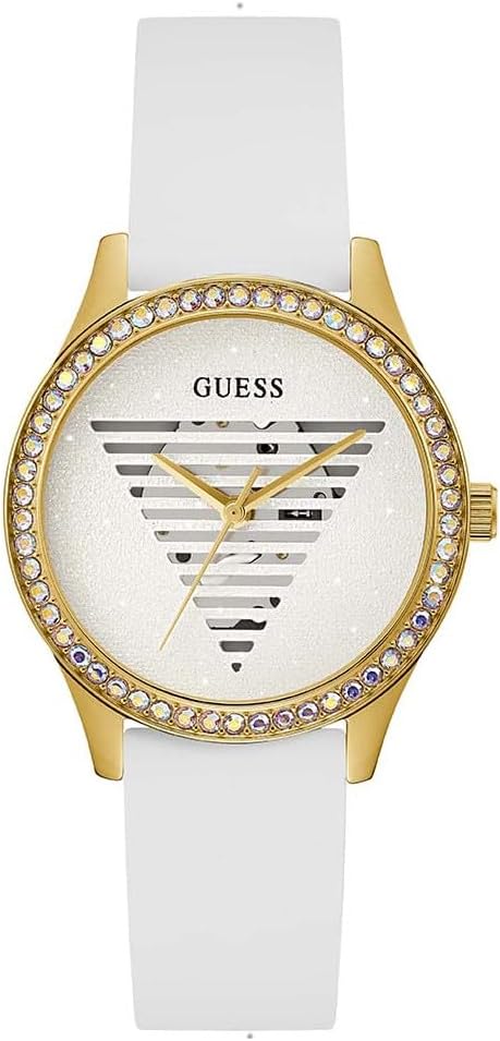 GUESS レディース 38mm 腕時計 - ホワイトストラップ ホワイトダイヤル ゴールドトーンケース, ホワイト/ゴールドトーン