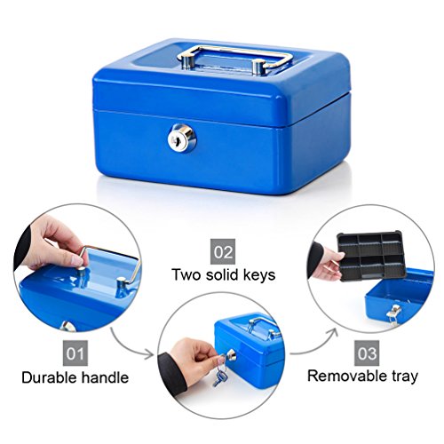 Image of Decaller Small Cash Box with Key Lock, Double Layer Metal Money Box for Home Security, Portable Locking Box, 5.9 inch x 4.7 inch x 3.2 inch, Blue