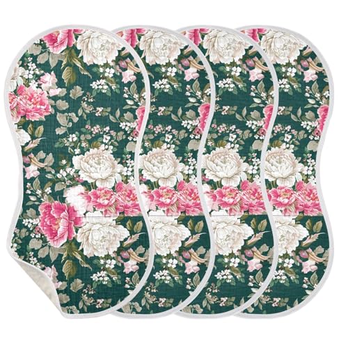 J JOYSAY Blossom Floral Green Baby Burp Cloths for Boys Girls Large 22''x11'' Cotton 4 Layer Spit Up Burp Rags for Drool one sizex4