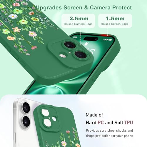 Image of Designed for iPhone 16 Case Flower for Women Girls, Green | Cute Floral Pattern Liquid Silicone Phone Case [Full Camera Protection] Slim Soft TPU Protective Cover