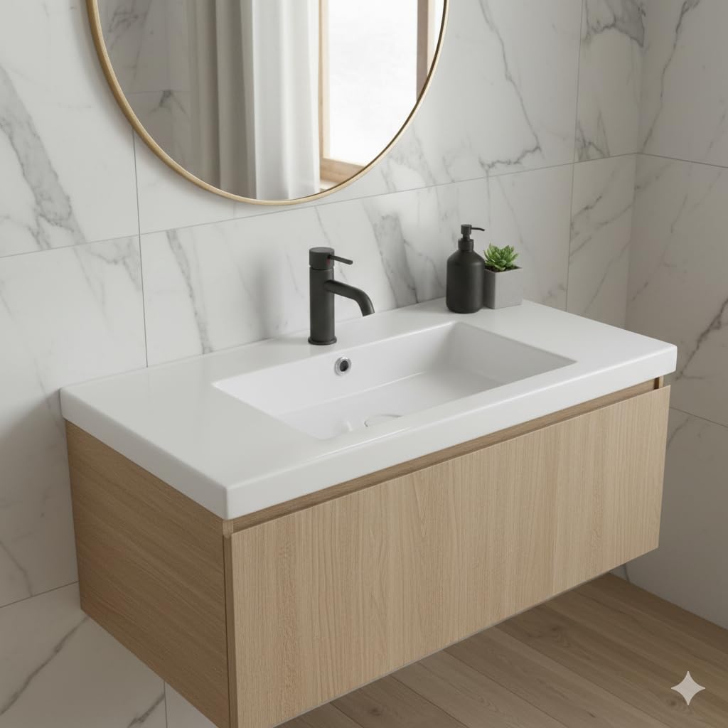 BRICOZONE Lavabo Da Incasso Rettangolare 101x36 Cm In Ceramica Bianca Lucida Monoforo Con Troppopieno Installazione Sottopiano O Soprapiano Per Bagno Moderno