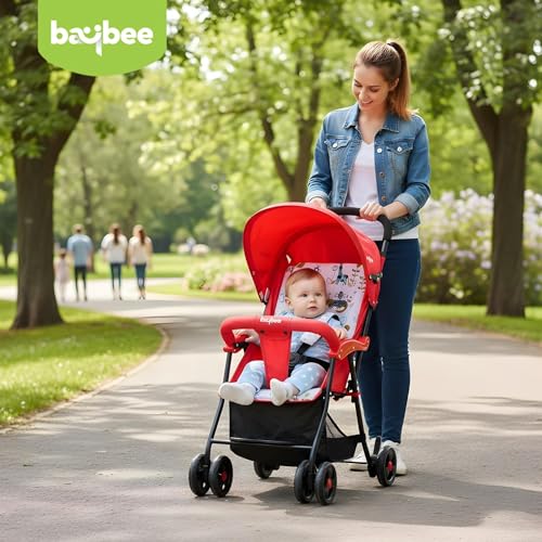 Image of Baybee Stroller Baby for Boy & Girl 0 to 3 Years | Foldable Strollers with Canopy, Parent Handle, 2-Position Adjustable Seat, 2-Point Safety Belt | Travel Pram for Kids (Red)
