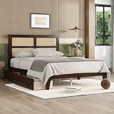 ZMAD Full Size Bed with Rattan Headboard, Two Storage Drawers, Rubber Wood Bed with Enhanced Support Slats and Feet,
