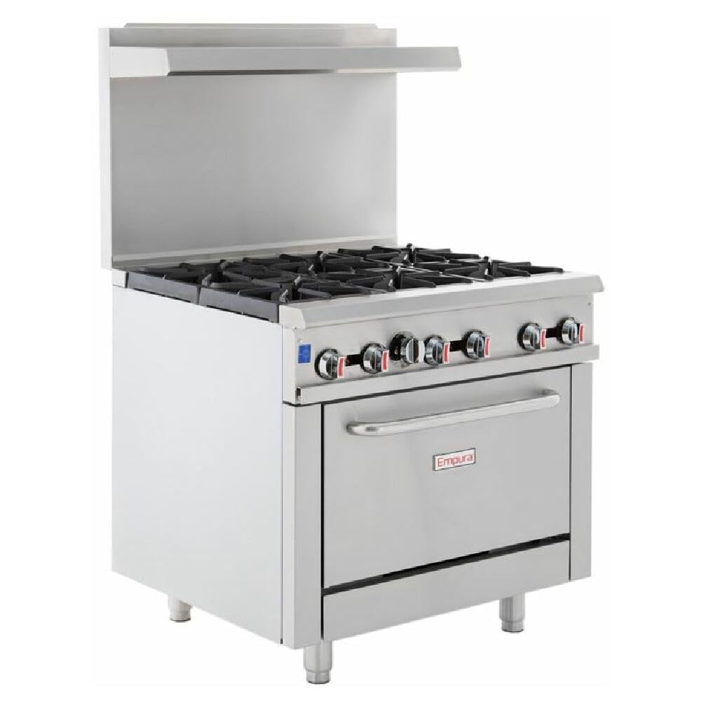 Estufa de gas propano líquido independiente EMPURA 36 con horno estándar individual y 6 quemadores abiertos de hierro fundido para cocina de hotel, 170 000 BTU, 36 de ancho x 60 3 8 de alto x 32 5 8 de profundidad, acero inoxidable