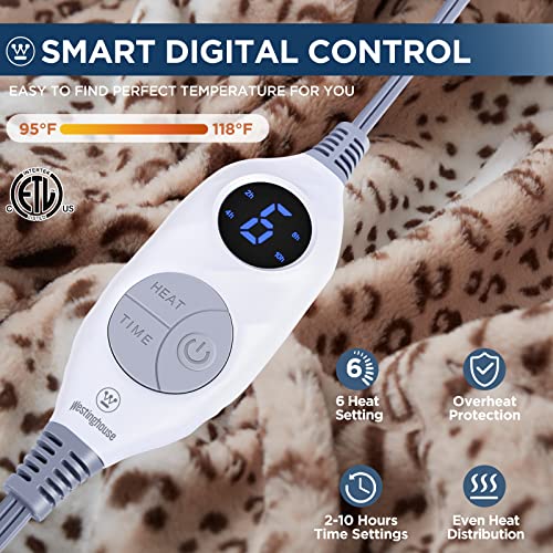 Westinghouse Heated Throw Blanket, Leopard Electric Throw Blanket, Luxury Faux Fur to Flannel Reversible, 6 Heating Levels & 2-10 Hours Time Setting, Machine Washable(Throw, 50"x60")