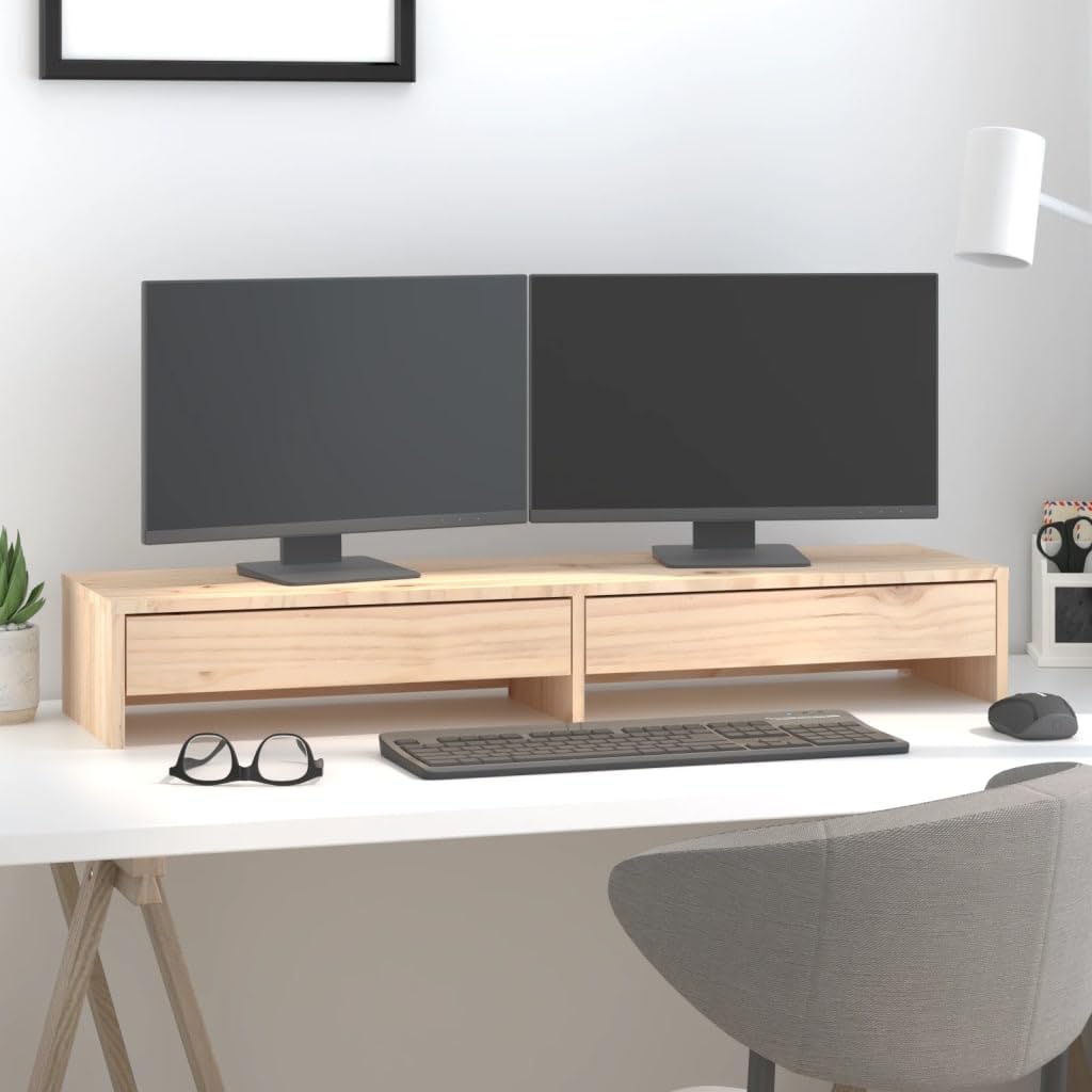 Supporto per monitor in legno di pino massiccio, 100 x 27 x 15 cm, ergonomico, per scrivania per computer, scrivania, PC, supporto con spazio e cassetti, per ufficio, casa, gaming