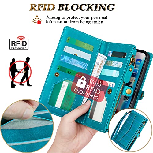 Dkdksip For Samsung Galaxy S23 Wallet Case For Women, Support Wireless Charging With Rfid Blocking Card Holder, Leather Zipper Detachable Magnetic Phone Case With Crossbody Strap Wristlet, Blue #TOP3