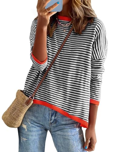 Buauty Womens Long Sleeve Crewneck Knitted Striped Sweaters Casual Color Block Drop Shoulder Pullover 2025 Trendy Tops
