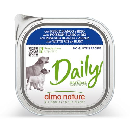 almo nature Daily con Pesce Bianco & Riso - Ricetta Senza Glutine - Cibo Umido per Cani Adulti - Pacco da 9 x 300 g