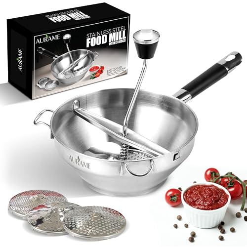 AURAME Premium Stainless Steel Food Mill - Effortless Pureeing, Straining & Milling for Soups, Sauces, Baby Food, and More – Includes 3 Interchangeable Discs – Durable & Easy-to-Clean Design