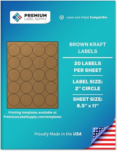 Miniatura 1 de Premium Label Supply Etiquetas redondas de papel kraft marrón  círculo de 2 pulgadas  Compatible con láserinyección de tinta  (20 etiquetashoja), 25