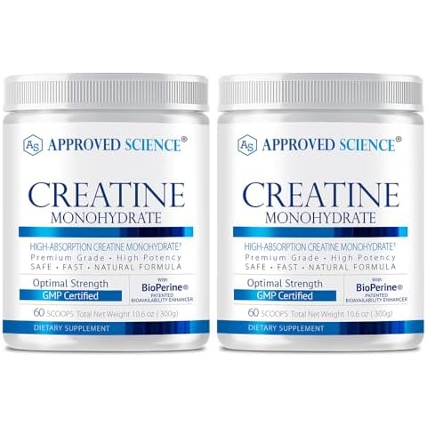 Approved Science Creatine Monohydrate Powder with BioPerine - Workout Support - 120 Servings - 5g Per Serving - Unflavored - Pack of 2 - Non-GMO, Vegan Cover