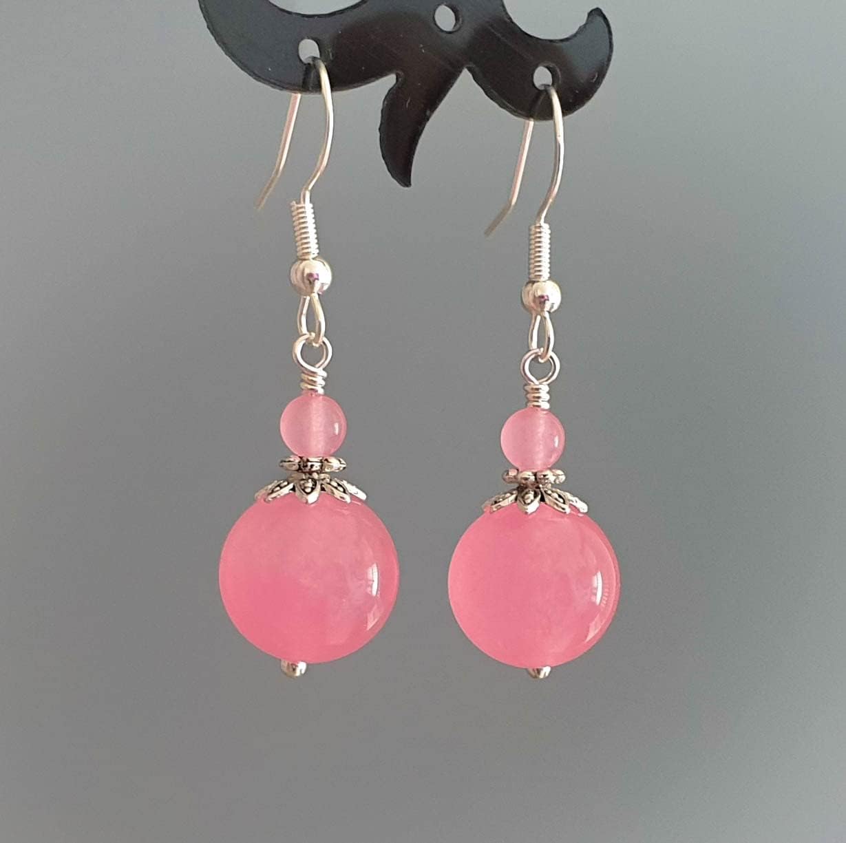 Pink Jade Earrings 925 Sterling Silver Hooks Round Dangle Double Bead Handmade Women Jewelry Tibetan Silver in Gift Box - Image 2