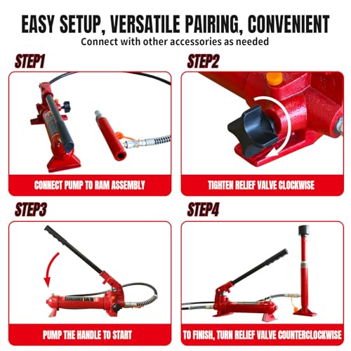 Image of BIG RED 4 Ton Porta Power Kit, 17-Pcs Hydraulic Ram Auto Body Frame Repair Kit With Blow Mold Carrying Storage Case, 8000 Lbs Capacity,Red, T70401S Torin