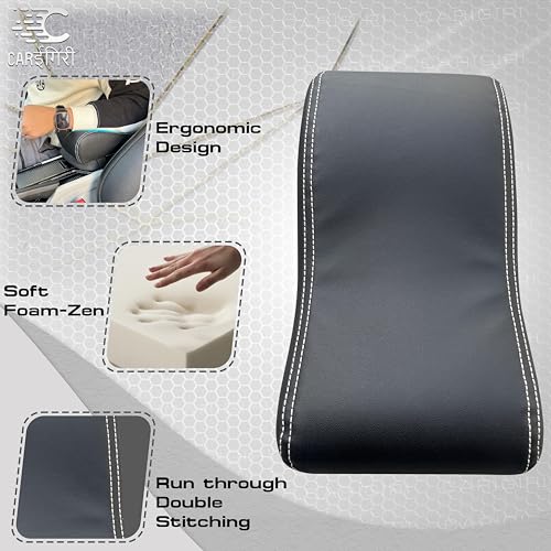 Image of Carigiri Comfirest Armrest Cushion for Car| Orthopedic Foam Cushion| Universal for All Cars| Armrest Support Extender| Armrest Height Extender(Double Stitching,Nappa Leatherette,Black with White Seam