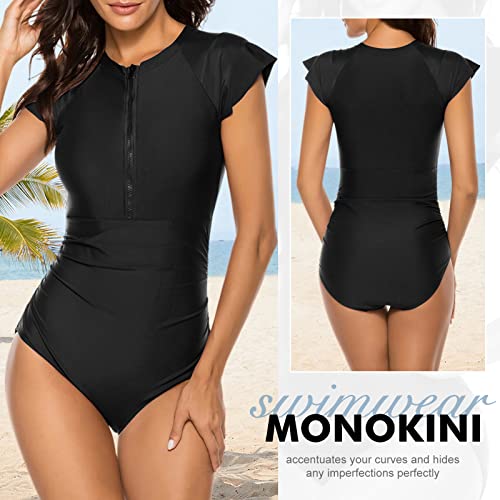 Wolddress Women Modest One Piece Bathing Suit Short Sleeve Tummy Control Swimsuit Zipper Surfing Athletic Rash Guard4