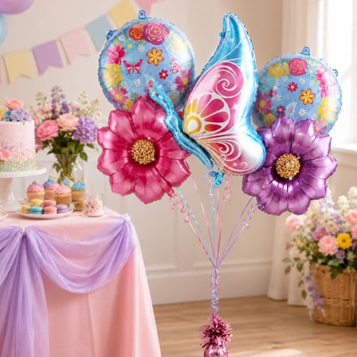 Image of Wanna Party Butterfly & Flowers Foil Balloon Bouquet Set of 5 | Butterfly Theme Helium Supported Balloons for Birthday Party Decoration, Cake Table Setup & Celebration Backdrop