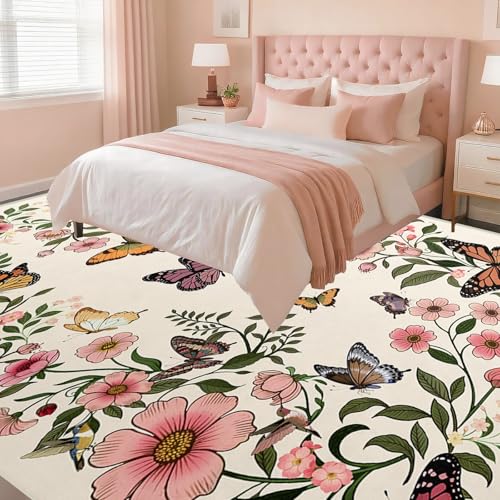 Floral Butterfly 9'x12' Area Rugs - Floral Butterfly Area Rug 9x12 for Living Room Entryway Soft Beige Washable Rugs Ultra-Thin Indoor Door Mat