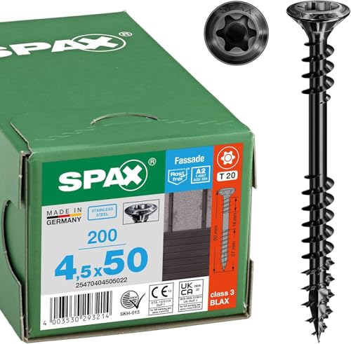 SPAX Facade Screw, 4.5 x 50 mm, Pack of 100, Stainless Steel A2 Blax, Fixing Thread, T-Star Plus T20, Raised Countersunk Head, 4CUT - 25470404505022